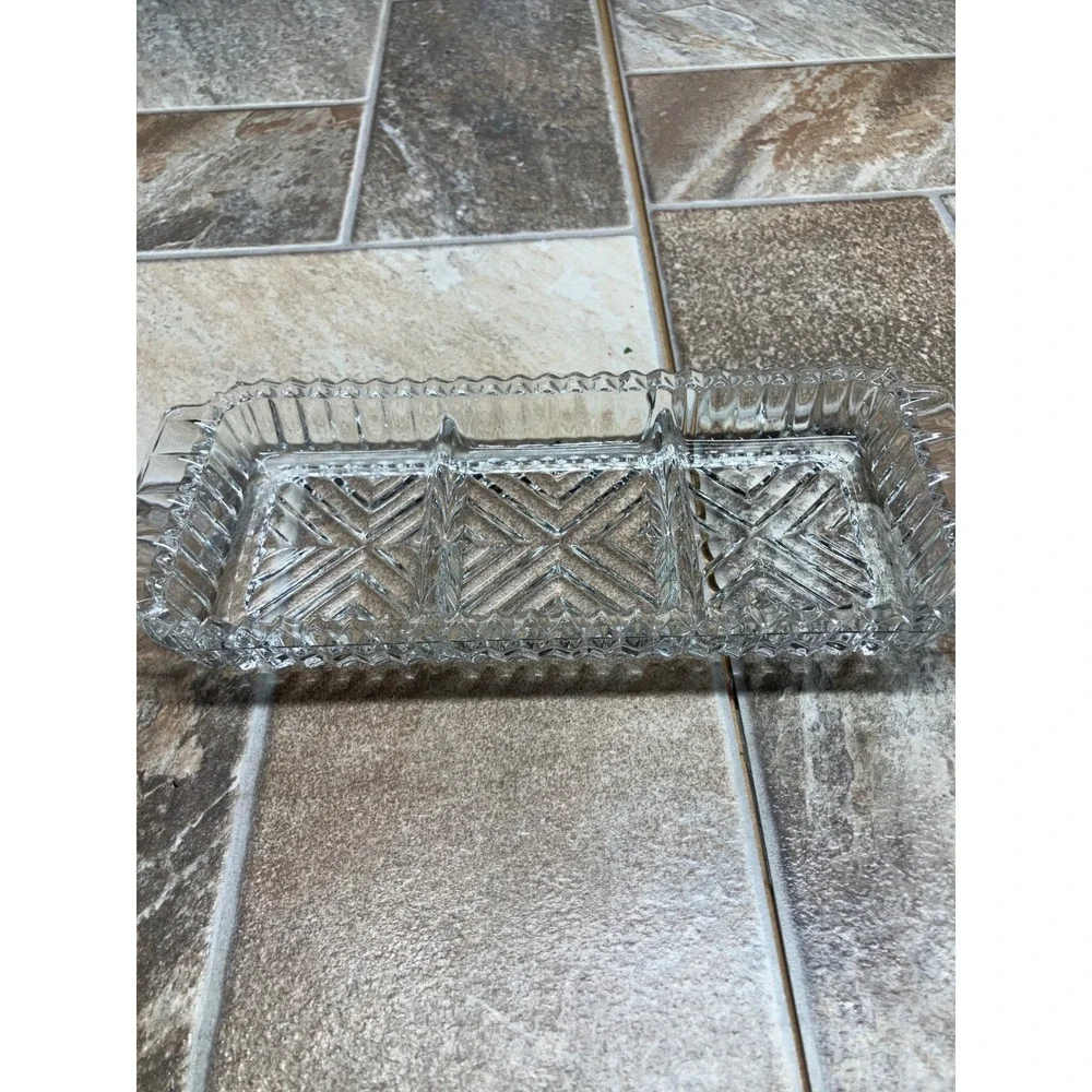 Vintage Clear Pressed Glass 3 Compartment Relish Dish Sawtooth Edge 9.5 Inch